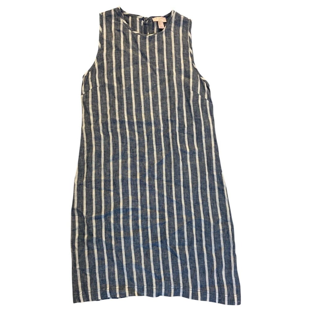 St.‎ Tropez West Blue White Striped Linen Dress Size 4 Sleeveless Shift Summer